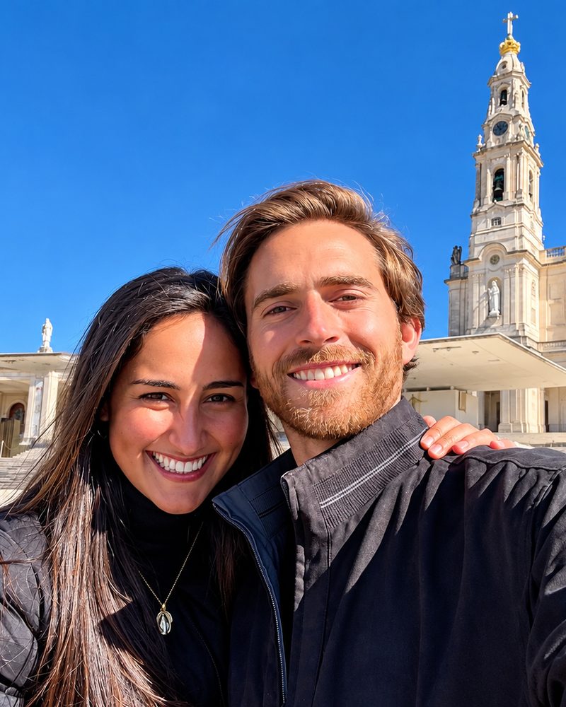 Alex y Daniela sonríen frente al santuario de Fátima