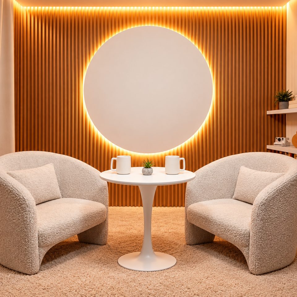 El estudio del podcast: dos sillones claros frente a un círculo de luz